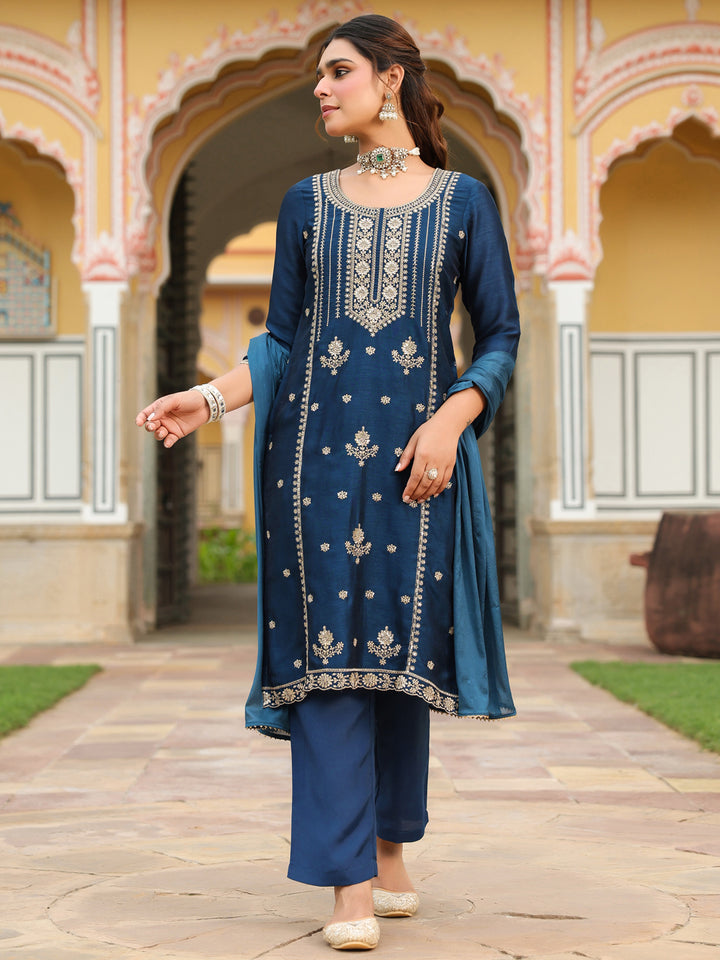 Blue Vichitra Blooming Straight Embroidered 3-Piece Kurta Set