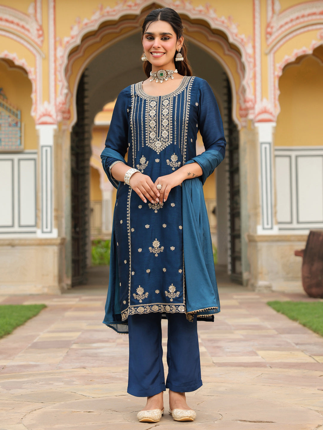 Blue Vichitra Blooming Straight Embroidered 3-Piece Kurta Set
