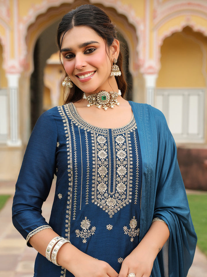 Blue Vichitra Blooming Straight Embroidered 3-Piece Kurta Set