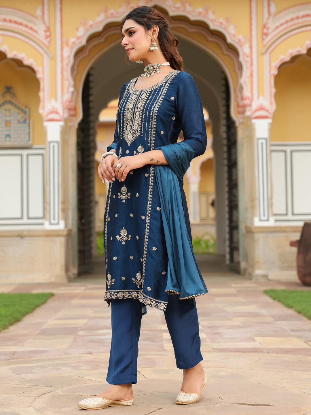 Blue Vichitra Blooming Straight Embroidered 3-Piece Kurta Set
