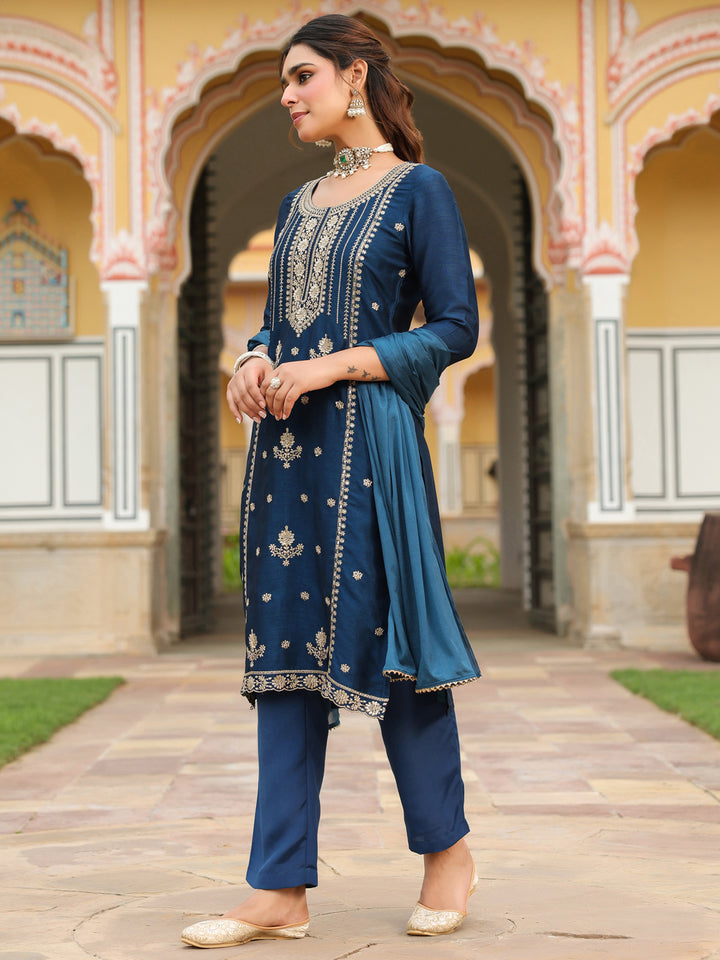 Blue Vichitra Blooming Straight Embroidered 3-Piece Kurta Set