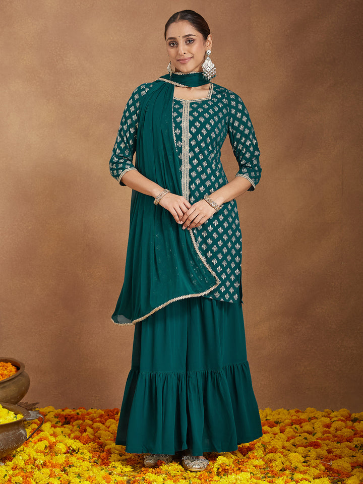 Teal-Georgette-Straight-Foil-Print-3-Piece-Kurta-Set
