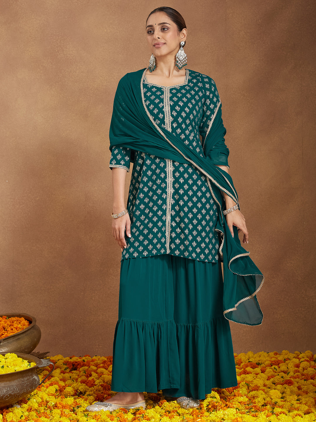 Teal Georgette Straight Foil Print 3-Piece Kurta Set