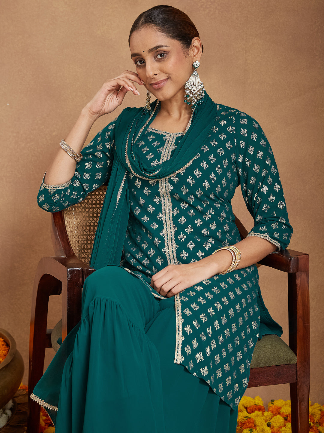 Teal Georgette Straight Foil Print 3-Piece Kurta Set
