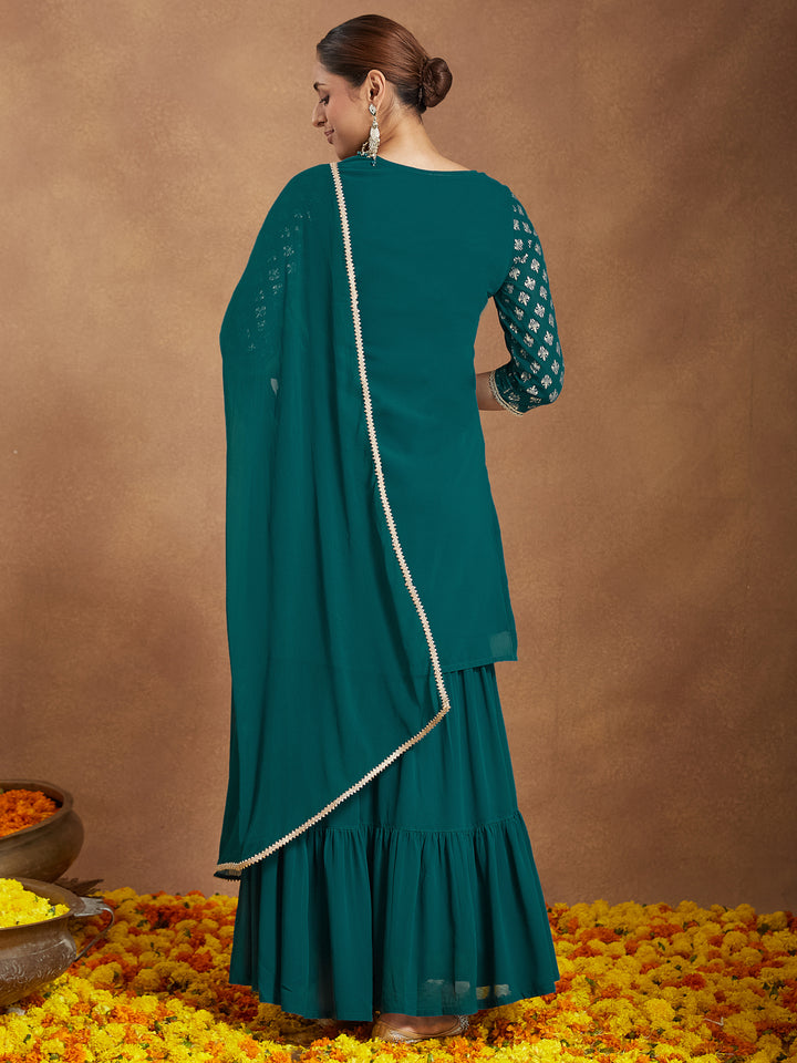 Teal Georgette Straight Foil Print 3-Piece Kurta Set
