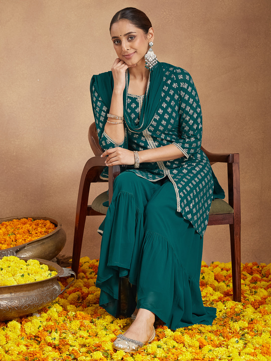 Teal Georgette Straight Foil Print 3-Piece Kurta Set