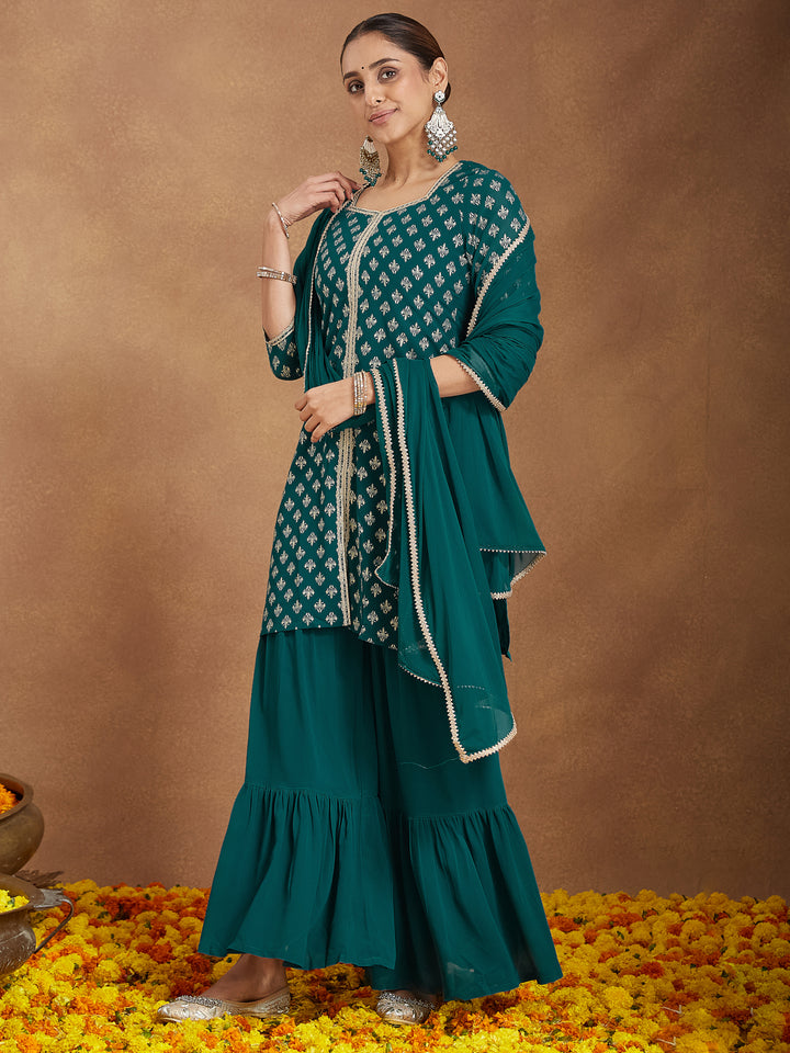 Teal Georgette Straight Foil Print 3-Piece Kurta Set