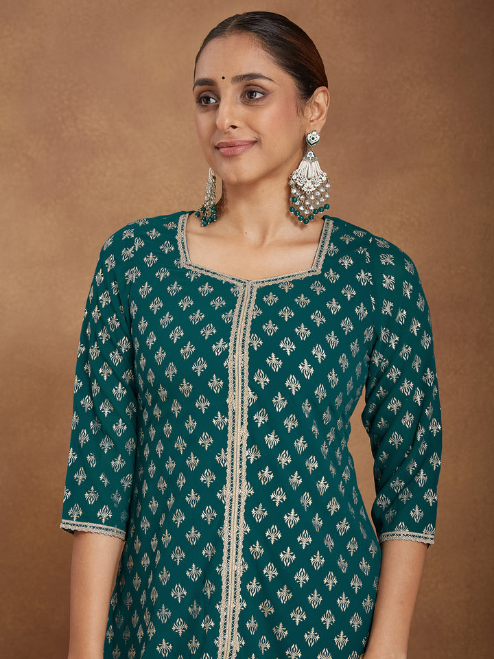 Teal Georgette Straight Foil Print 3-Piece Kurta Set