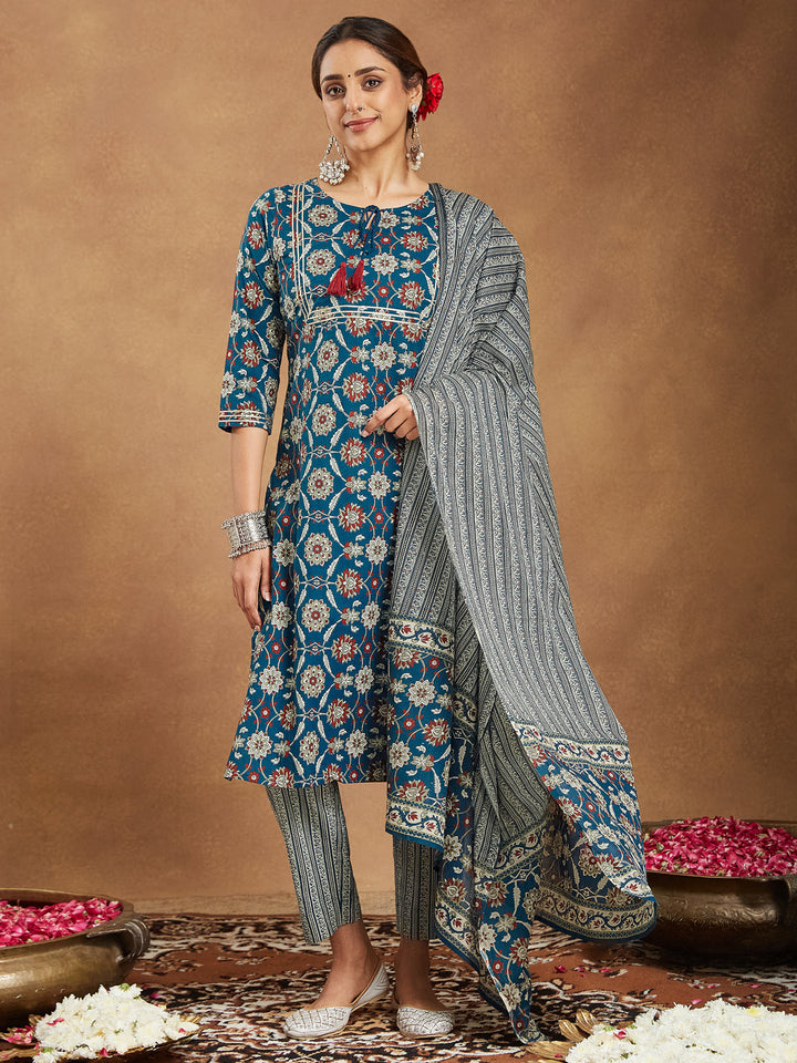 Teal-Cotton-Straight-Floral-Printed-3-Piece-Kurta-Set