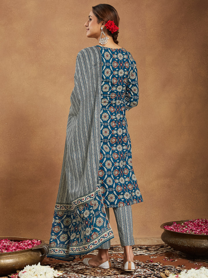 Teal-Cotton-Straight-Floral-Printed-3-Piece-Kurta-Set