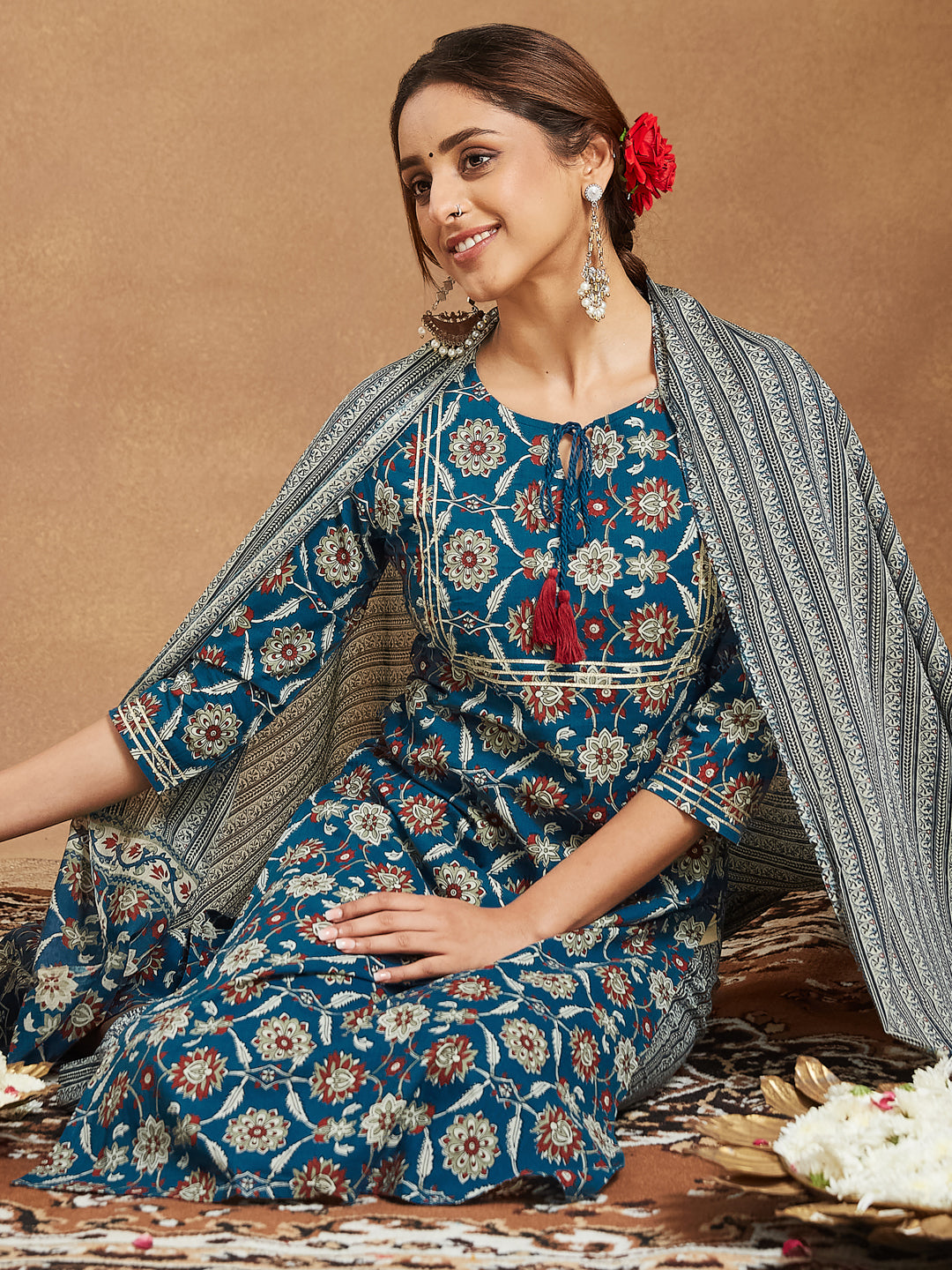 Teal-Cotton-Straight-Floral-Printed-3-Piece-Kurta-Set