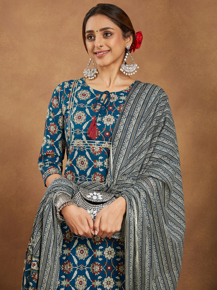Teal-Cotton-Straight-Floral-Printed-3-Piece-Kurta-Set
