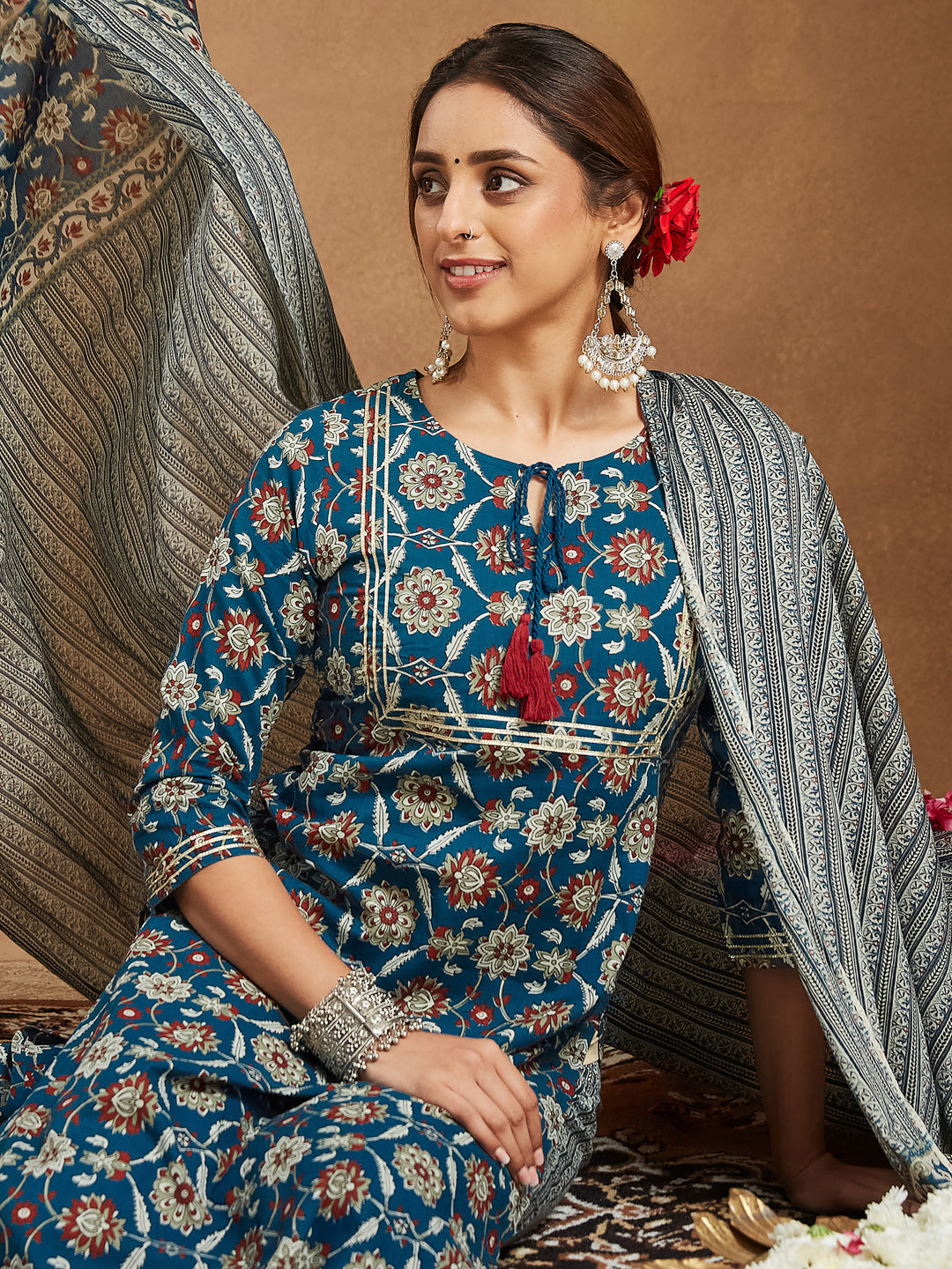 Teal-Cotton-Straight-Floral-Printed-3-Piece-Kurta-Set