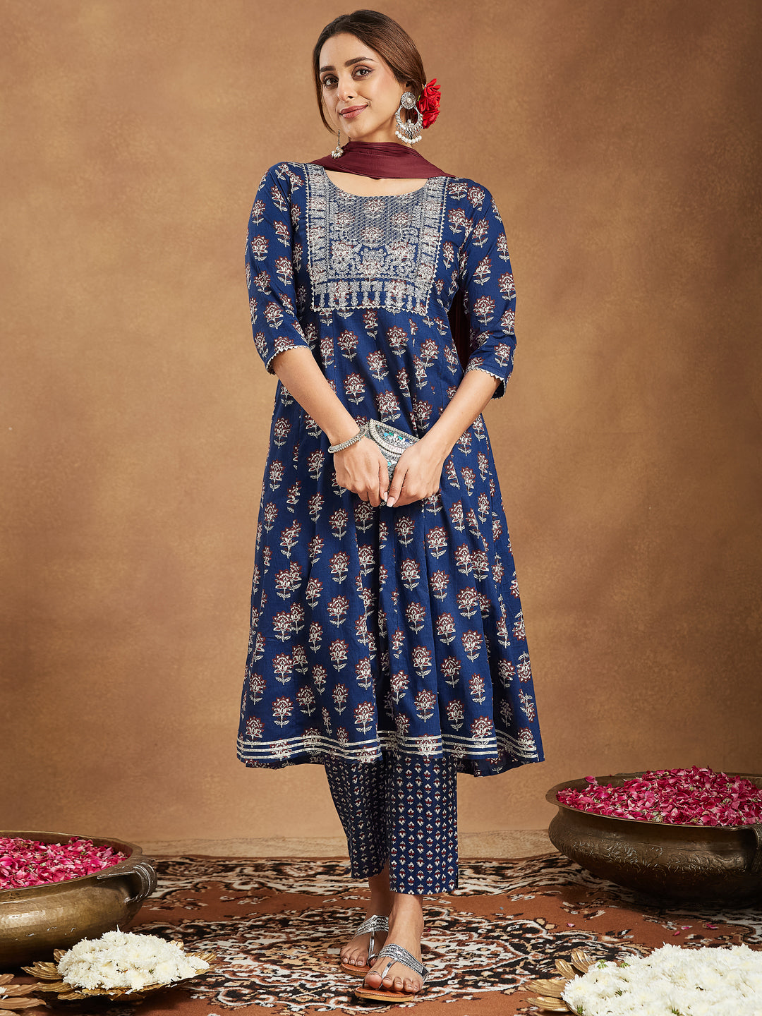 Navy-Blue-Cotton-Anarkali-Floral-Printed-3-Piece-Kurta-Set