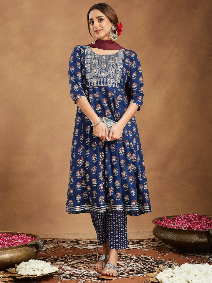 Navy-Blue-Cotton-Anarkali-Floral-Printed-3-Piece-Kurta-Set