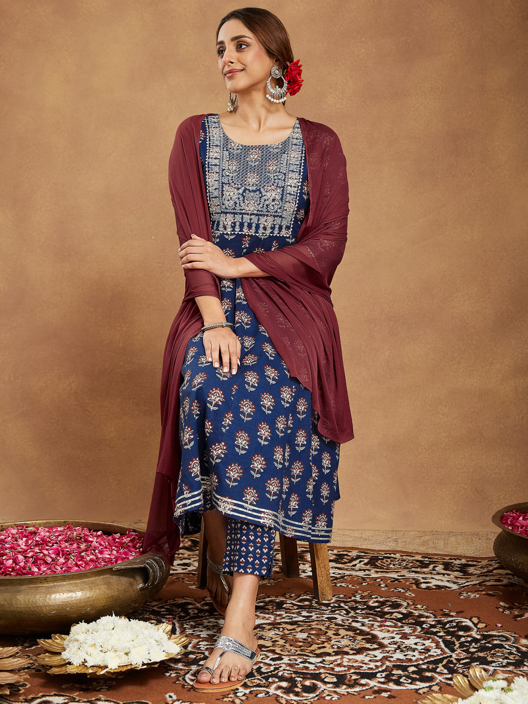 Navy-Blue-Cotton-Anarkali-Floral-Printed-3-Piece-Kurta-Set