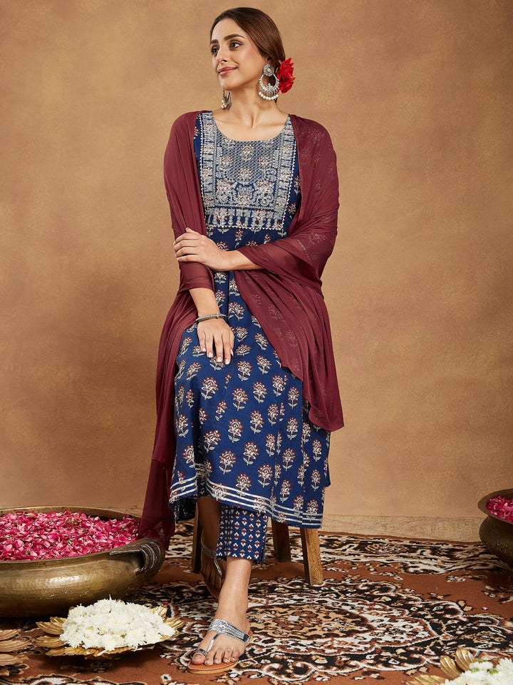 Navy-Blue-Cotton-Anarkali-Floral-Printed-3-Piece-Kurta-Set
