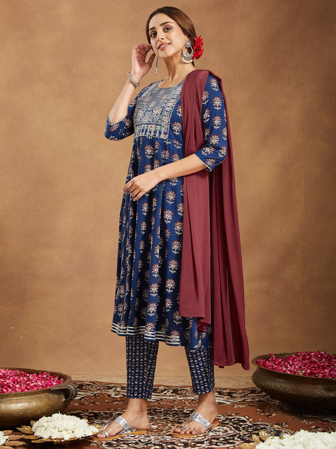 Navy-Blue-Cotton-Anarkali-Floral-Printed-3-Piece-Kurta-Set