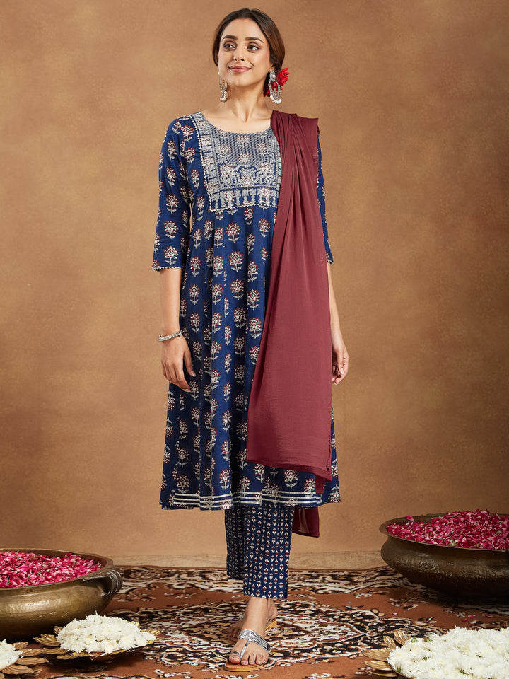 Navy-Blue-Cotton-Anarkali-Floral-Printed-3-Piece-Kurta-Set