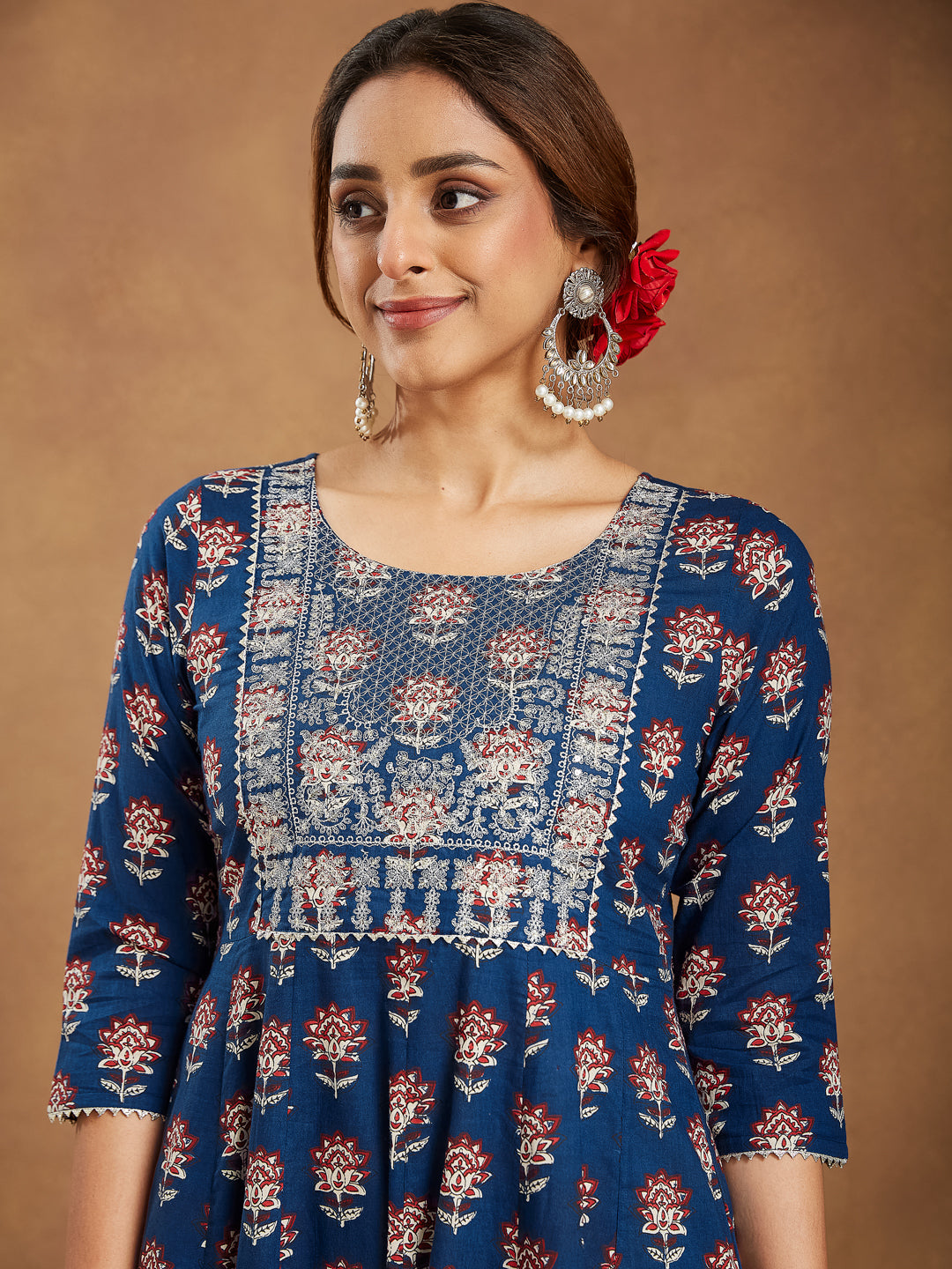 Navy-Blue-Cotton-Anarkali-Floral-Printed-3-Piece-Kurta-Set