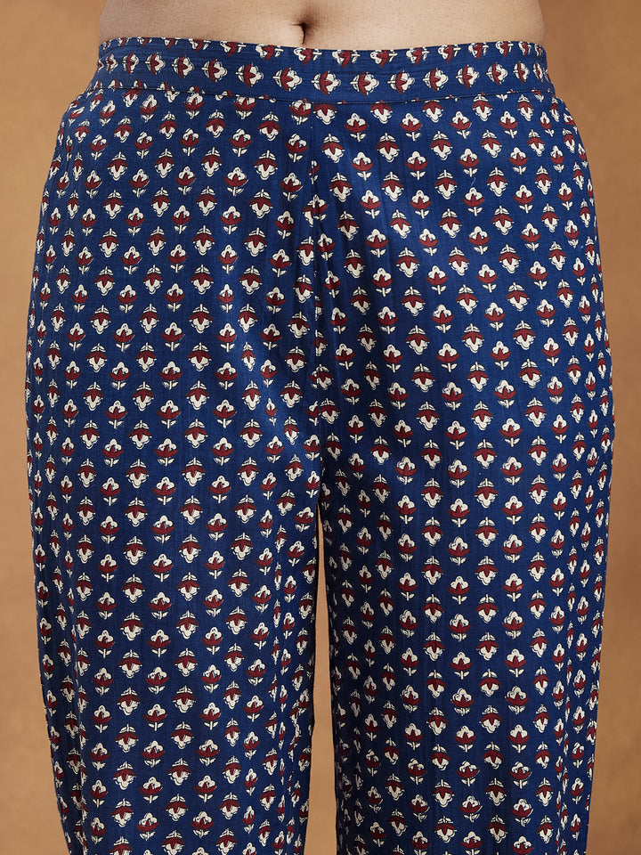 Navy-Blue-Cotton-Anarkali-Floral-Printed-3-Piece-Kurta-Set