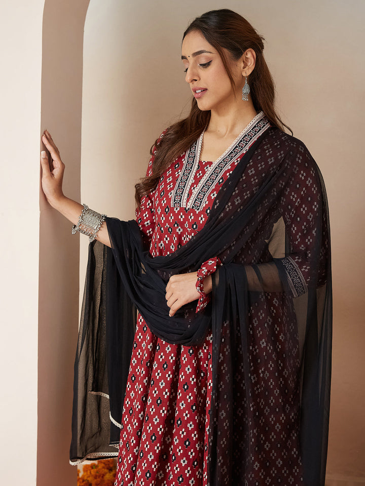 Red-Cotton-Anarkali-Ikkat-3-Piece-Kurta-Set