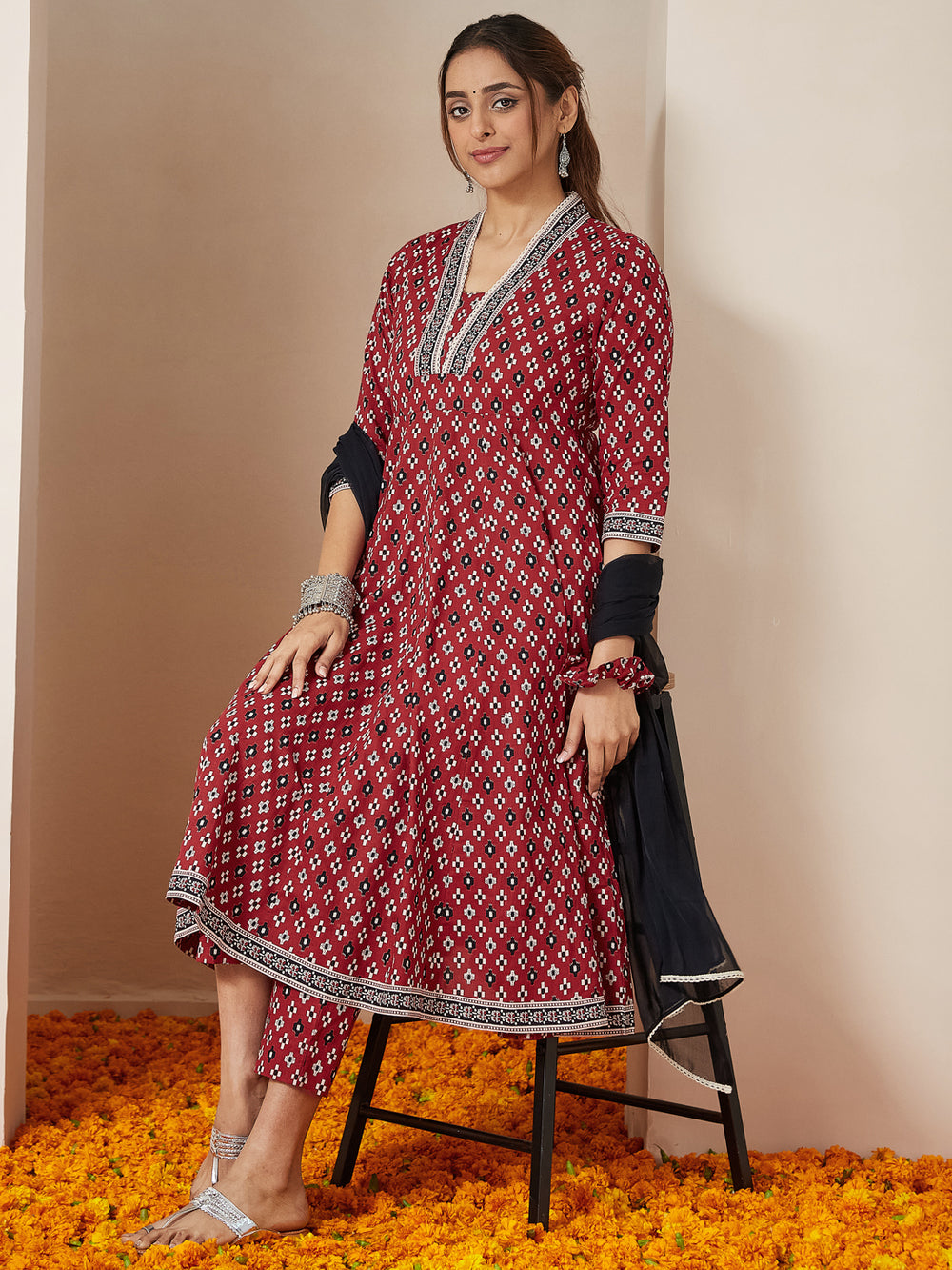 Red-Cotton-Anarkali-Ikkat-3-Piece-Kurta-Set