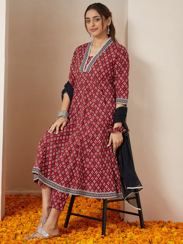 Red-Cotton-Anarkali-Ikkat-3-Piece-Kurta-Set