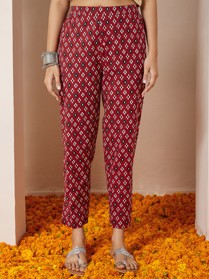 Red-Cotton-Anarkali-Ikkat-3-Piece-Kurta-Set