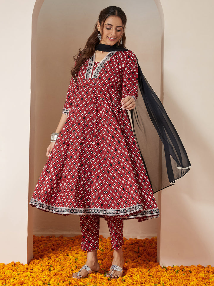 Red-Cotton-Anarkali-Ikkat-3-Piece-Kurta-Set