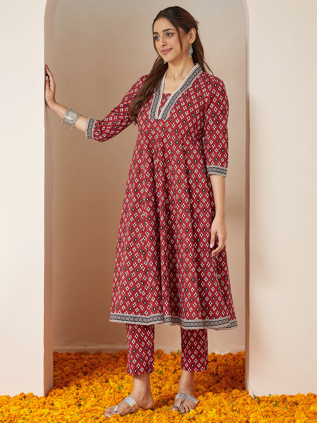 Red-Cotton-Anarkali-Ikkat-3-Piece-Kurta-Set