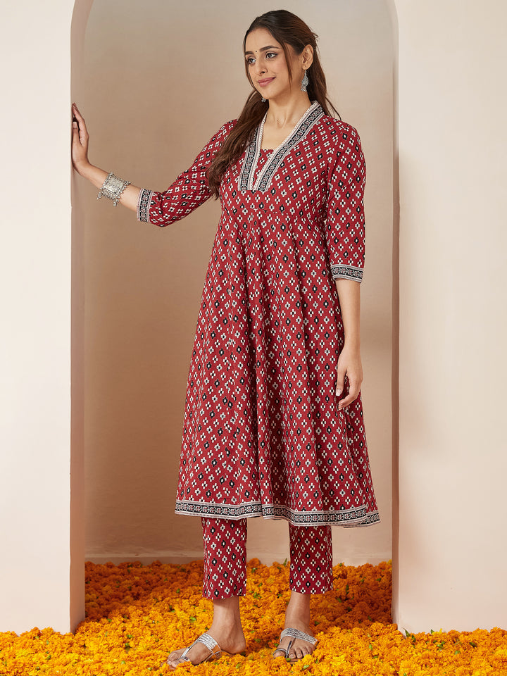 Red-Cotton-Anarkali-Ikkat-3-Piece-Kurta-Set