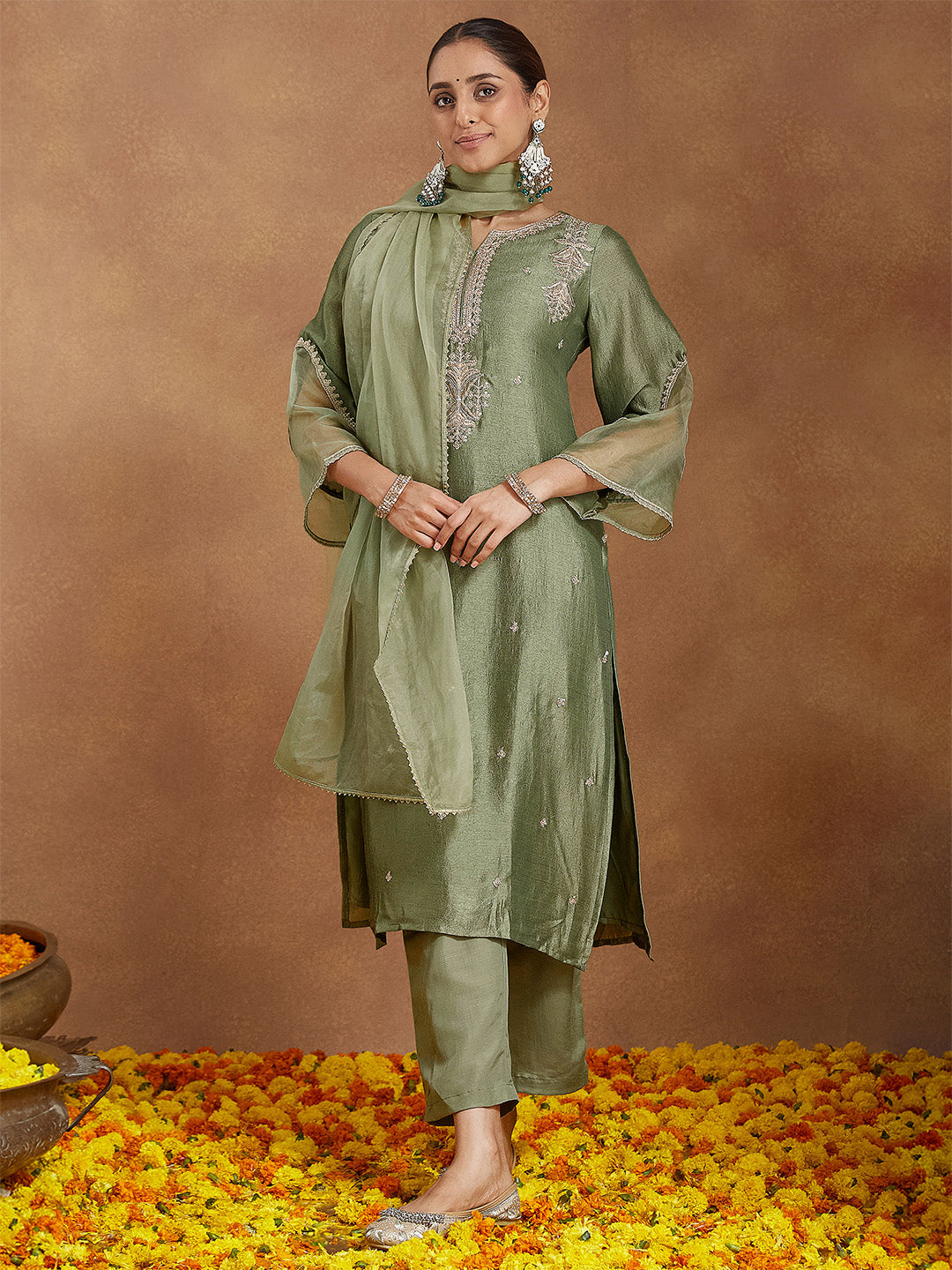 Sage Silk Blend Embroidered 3-Piece Kurta Set