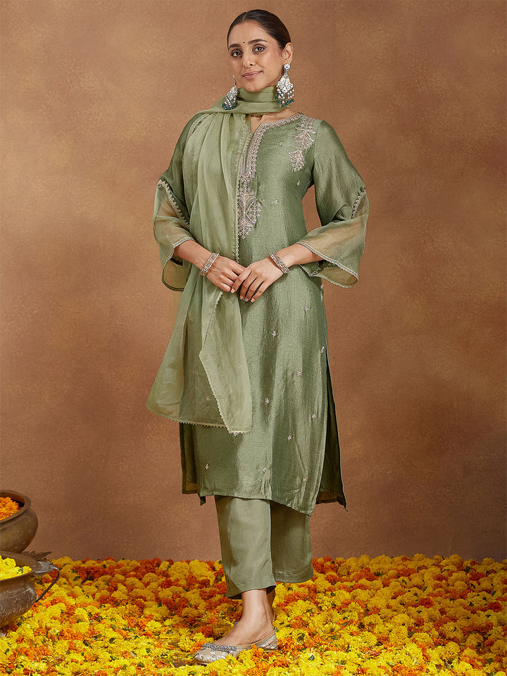 Sage Silk Blend Embroidered 3-Piece Kurta Set