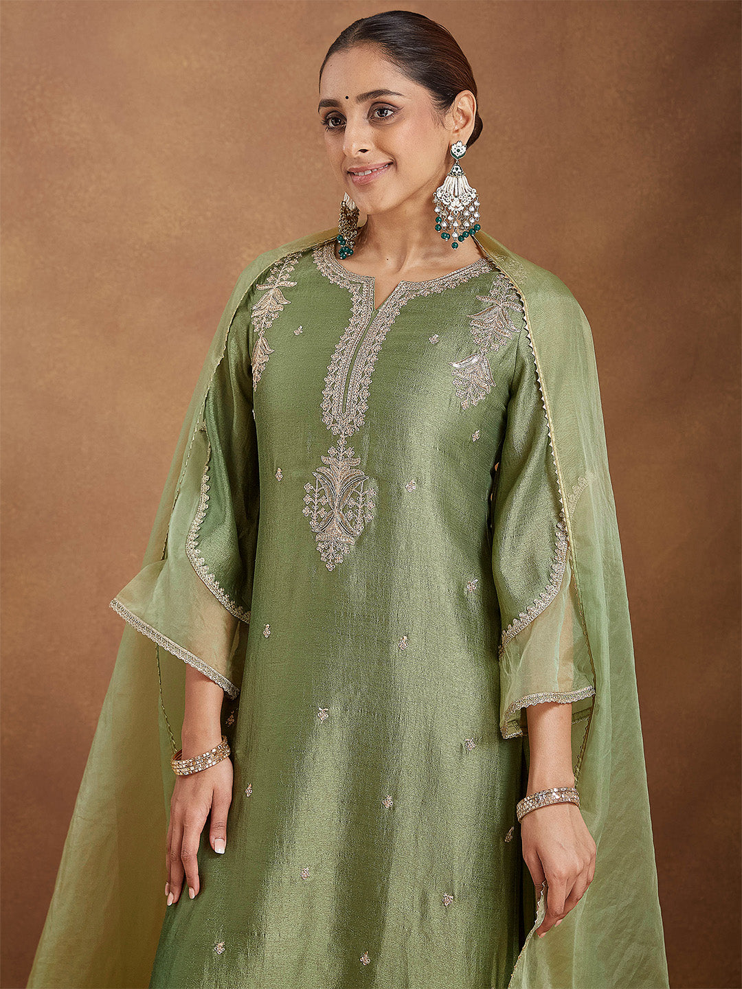 Sage Silk Blend Embroidered 3-Piece Kurta Set