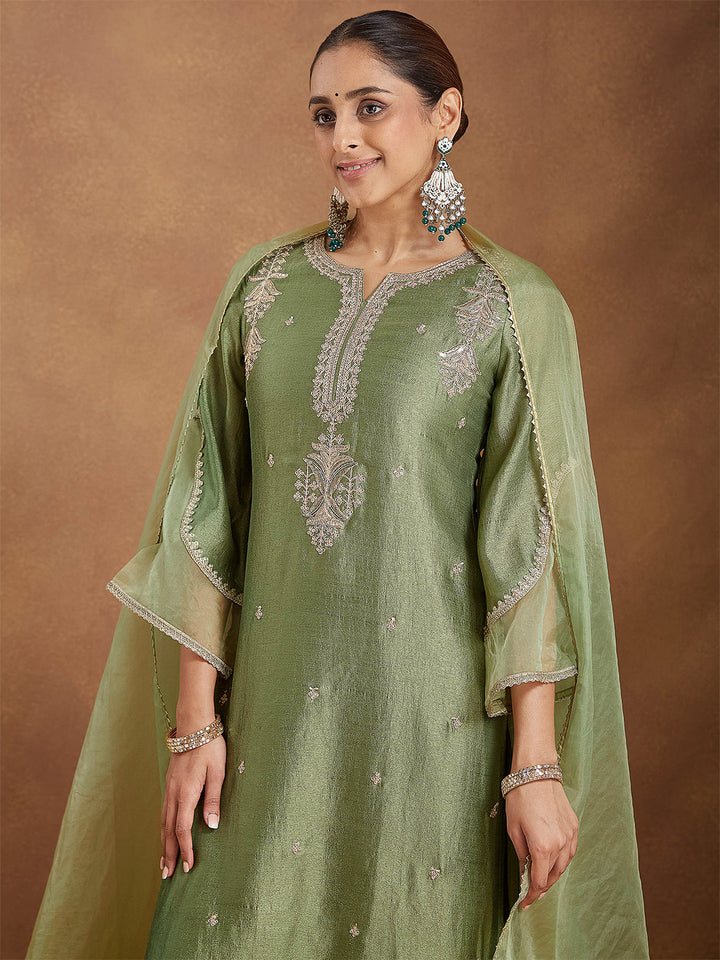 Sage Silk Blend Embroidered 3-Piece Kurta Set