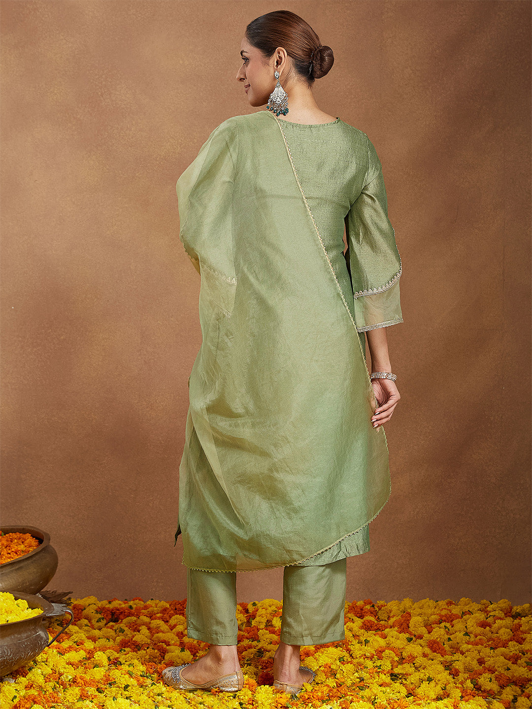 Sage Silk Blend Embroidered 3-Piece Kurta Set