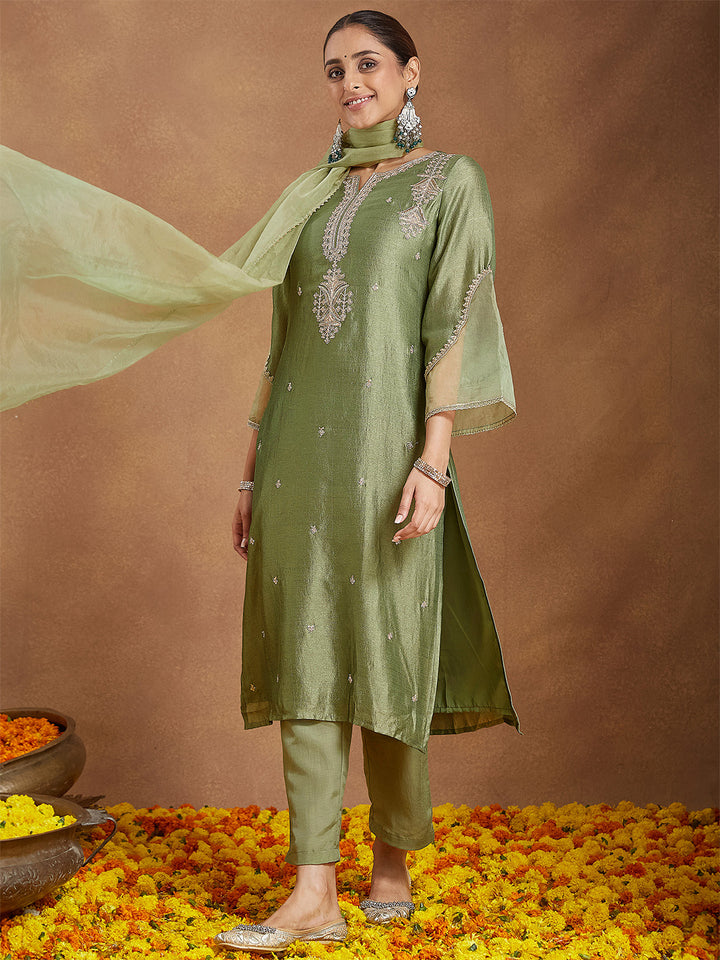 Sage Silk Blend Embroidered 3-Piece Kurta Set