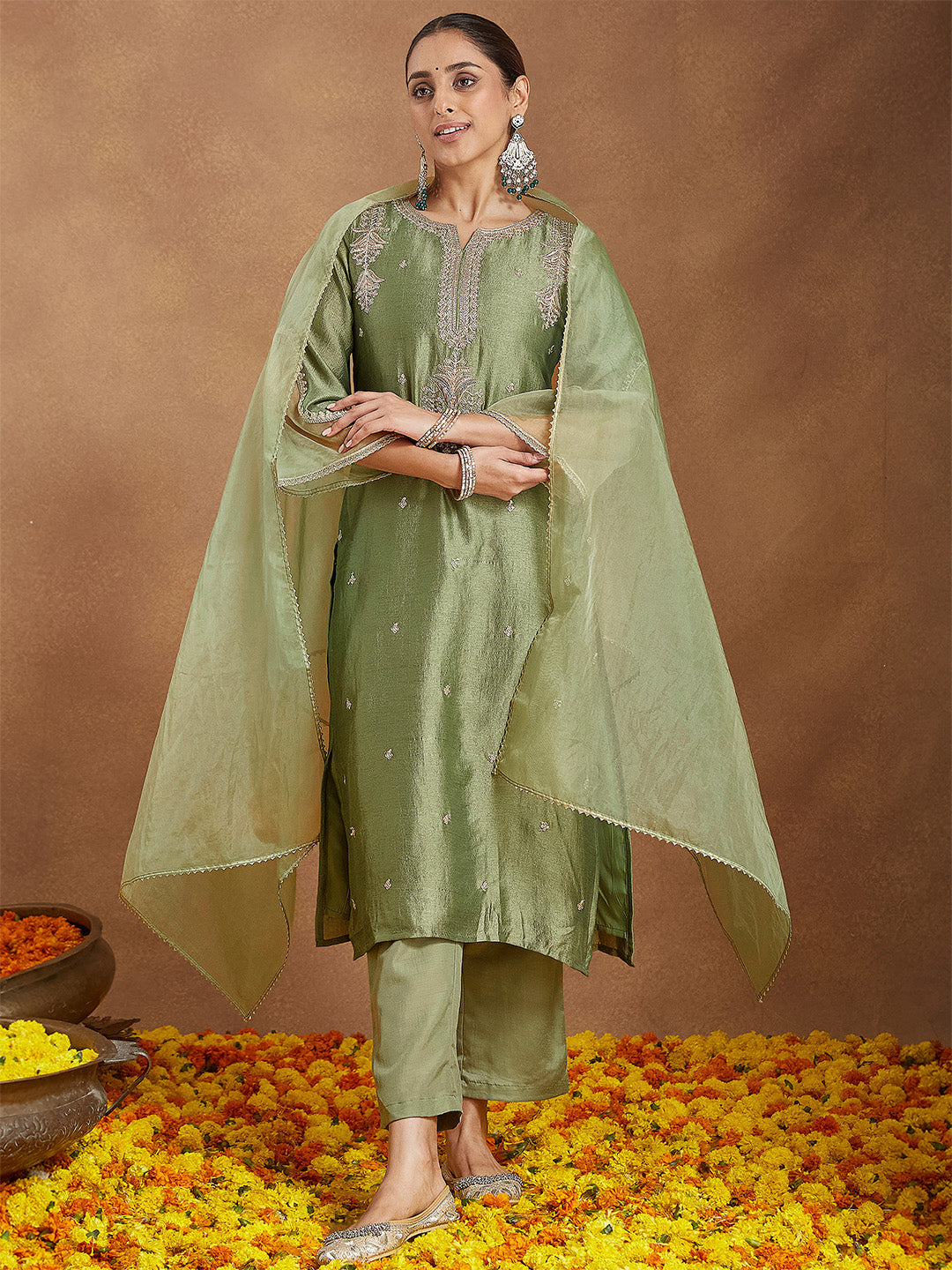 Sage Silk Blend Embroidered 3-Piece Kurta Set