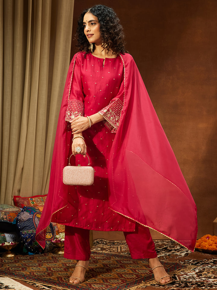 Pink Silk Blend Embellished 3-Piece Kurta Set