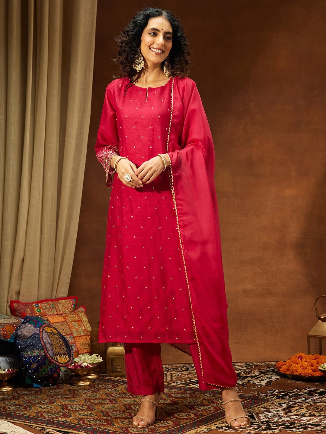 Pink Silk Blend Embellished 3-Piece Kurta Set