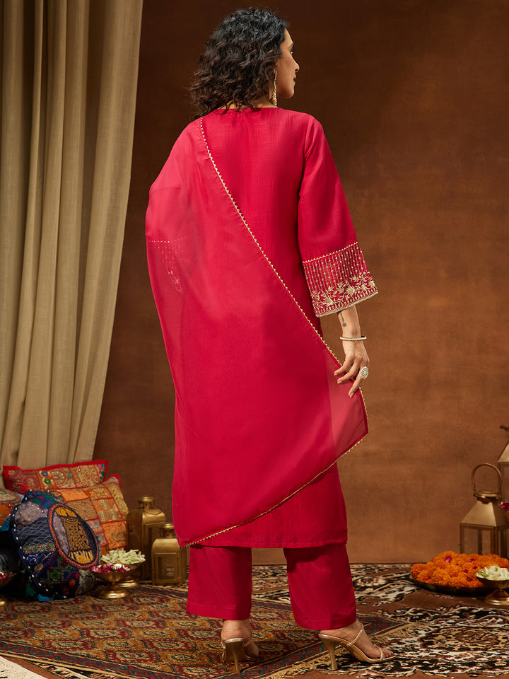 Pink Silk Blend Embellished 3-Piece Kurta Set