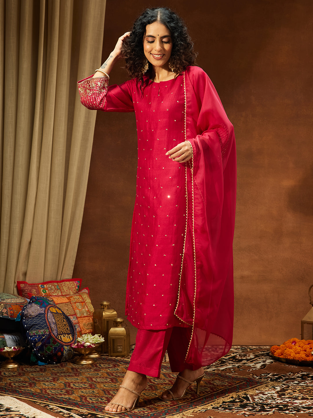 Pink Silk Blend Embellished 3-Piece Kurta Set