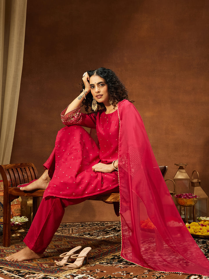 Pink Silk Blend Embellished 3-Piece Kurta Set