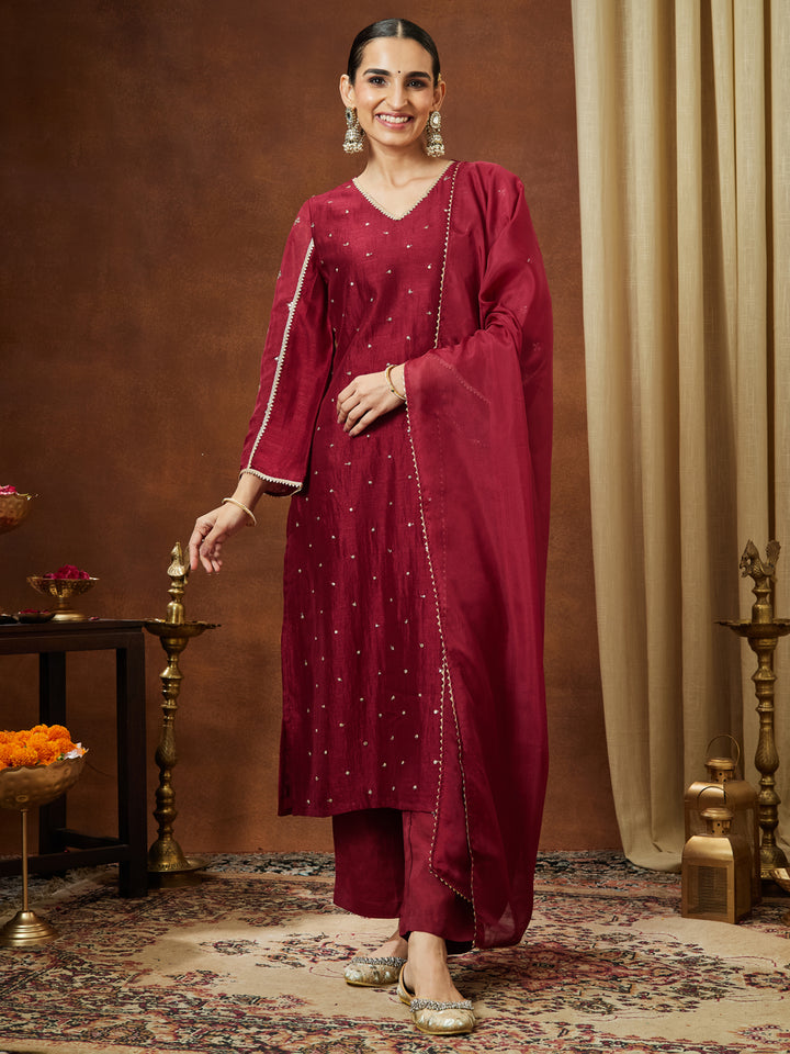 Maroon Silk Blend Embroidered 3-Piece Kurta Set