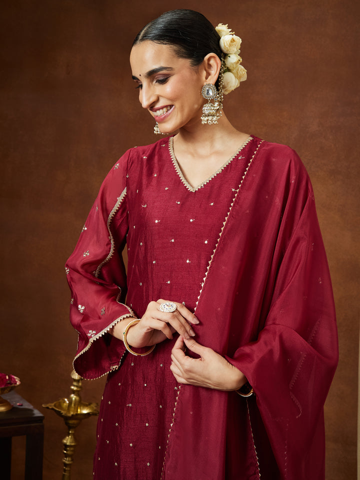 Maroon Silk Blend Embroidered 3-Piece Kurta Set