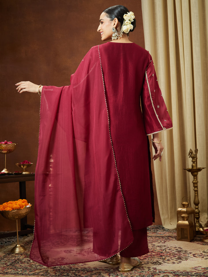 Maroon Silk Blend Embroidered 3-Piece Kurta Set