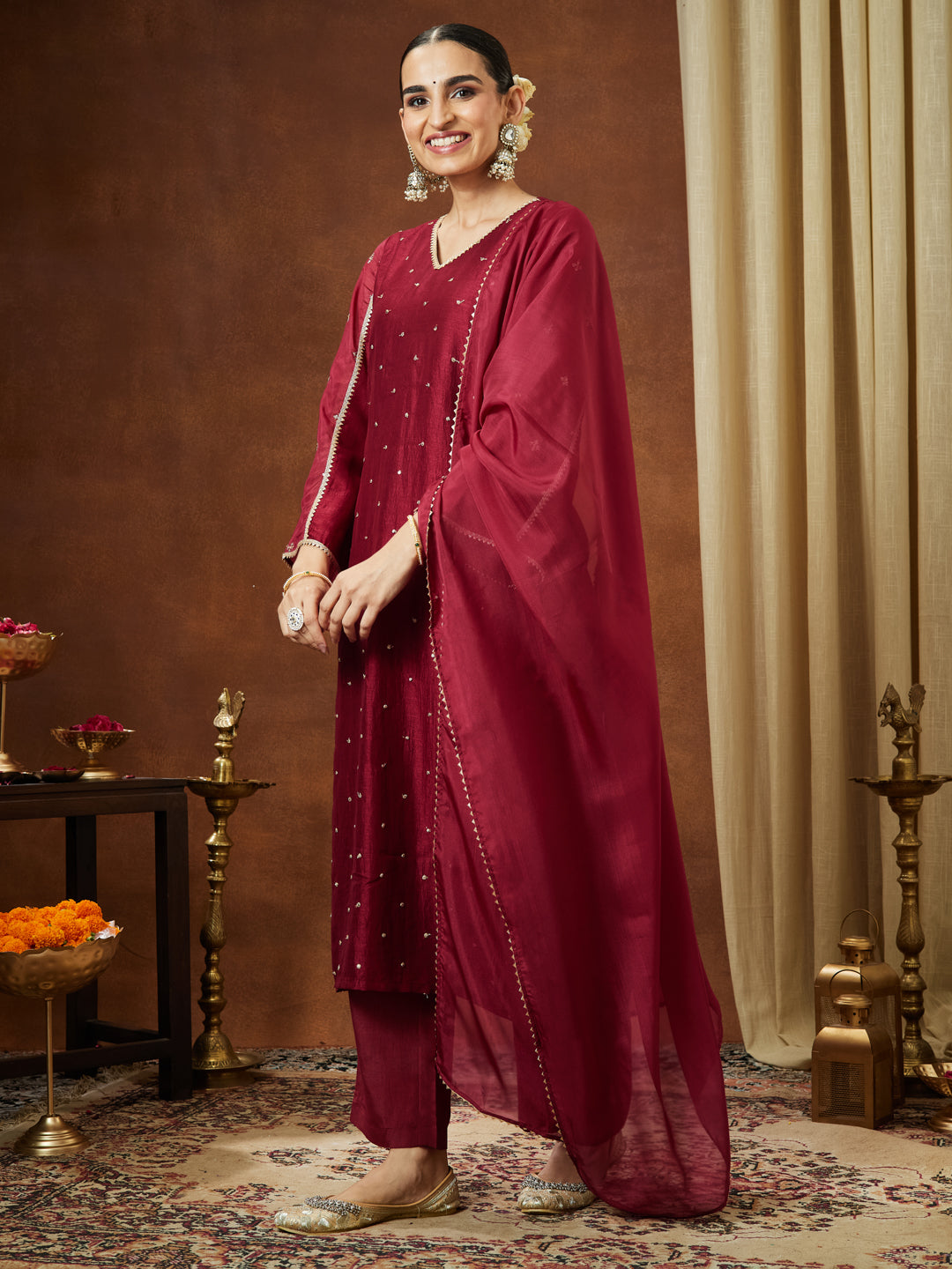 Maroon Silk Blend Embroidered 3-Piece Kurta Set