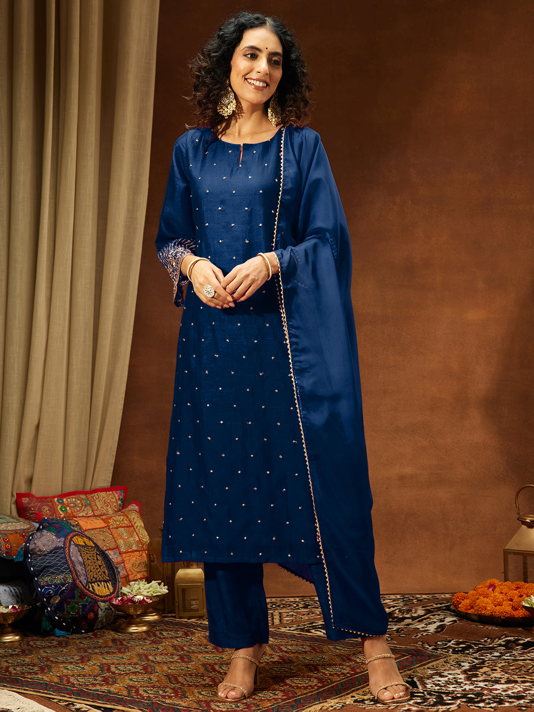 Teal Silk Blend Embellished 3-Piece Kurta Set