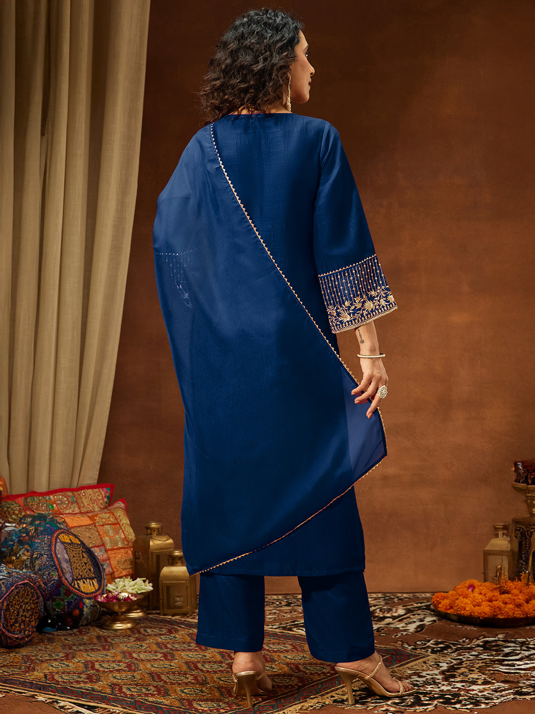 Teal Silk Blend Embellished 3-Piece Kurta Set